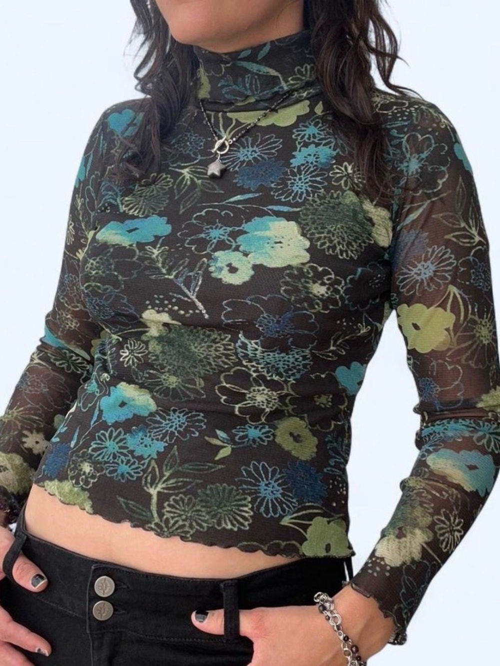 Sheer Floral Mock Neck Top in Black and Teal